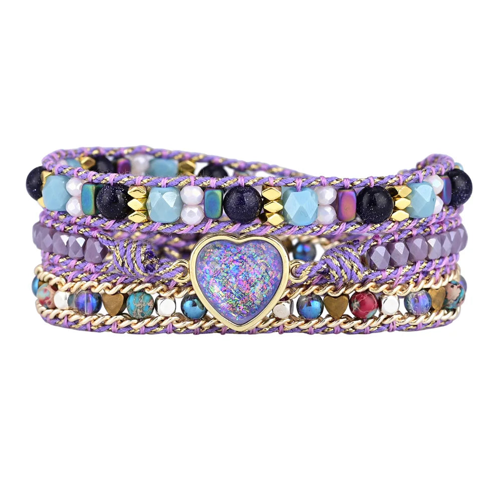 Heart Shape Opal Stone Bracelet 3 Layers Wrap for Woman's Bracelet