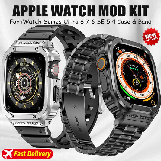 Stainless Steel Strap+Case Mod Kit For Apple Watch with Rubber Bracelet (GShock Style)