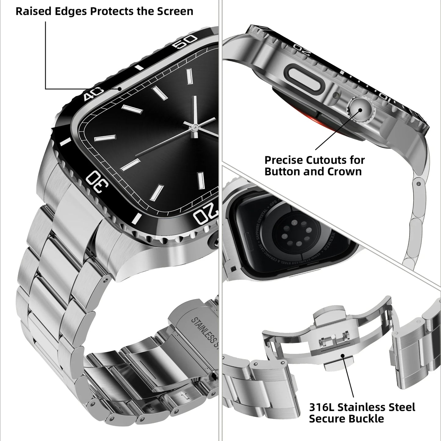 Luxury Stainless Steel Case Mod Kit For Apple Watch With Rubber & Metal Strap