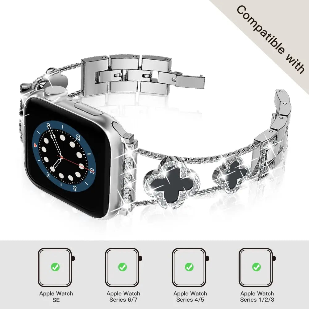 Luxury Metal Diamond Slim Glitter Apple Watch Band (Alhambra Style)