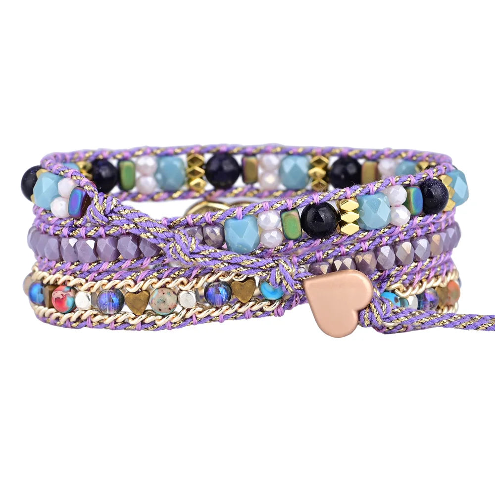 Heart Shape Opal Stone Bracelet 3 Layers Wrap for Woman's Bracelet