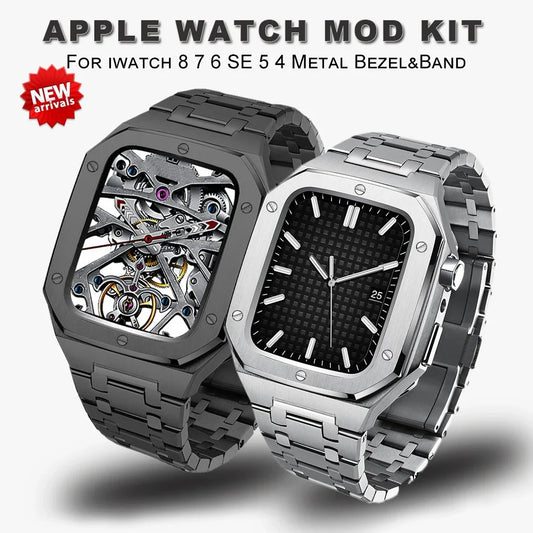 Luxury Mod Kit for Apple Watch Series 9 8 7 44mm 45mm Bezel Case Band for IWatch 6 5 4 SE Stainless Steel Strap 2024
