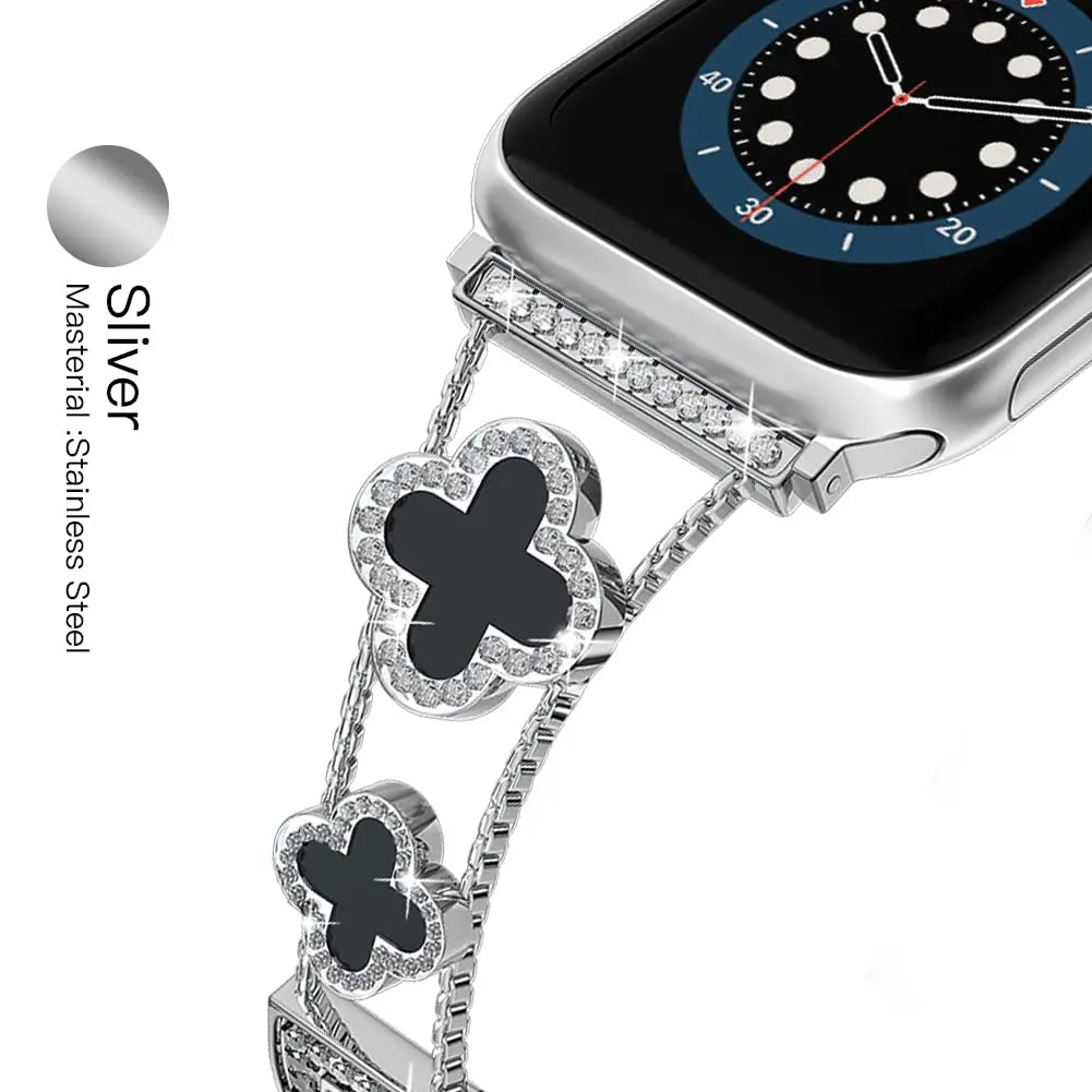 Luxury Metal Diamond Slim Glitter Apple Watch Band (Alhambra Style)