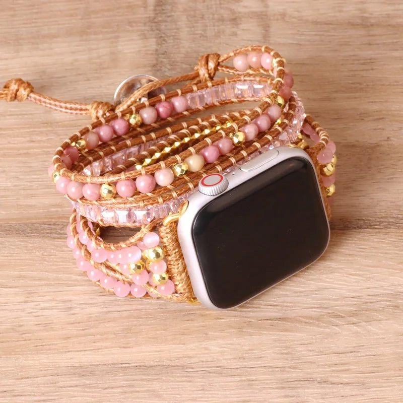 Boho Apple Watch Band Stack Bracelet - Rose Quartz Handspun