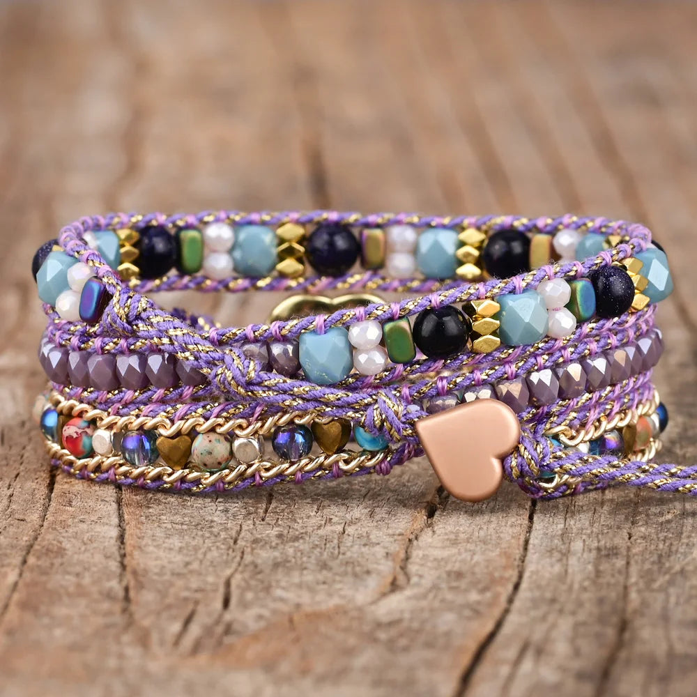 Heart Shape Opal Stone Bracelet 3 Layers Wrap for Woman's Bracelet