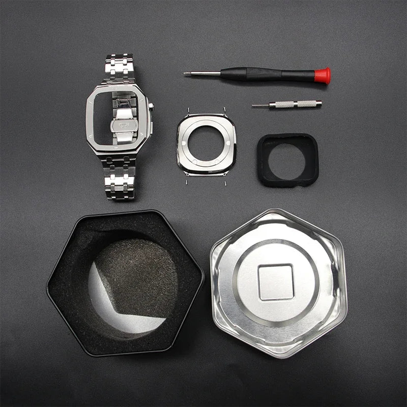 Luxury Mod Kit for Apple Watch Series 9 8 7 44mm 45mm Bezel Case Band for IWatch 6 5 4 SE Stainless Steel Strap 2024