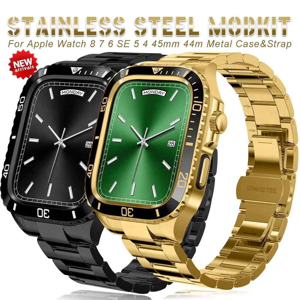 Luxury Stainless Steel Case Mod Kit For Apple Watch With Rubber & Metal Strap