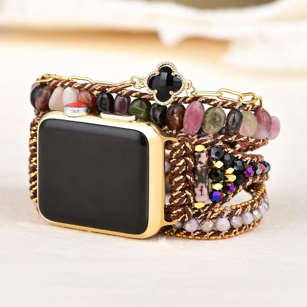 Natural Stone Crystal Hand-Knitted Boho Apple Watch Band - Clover Charm