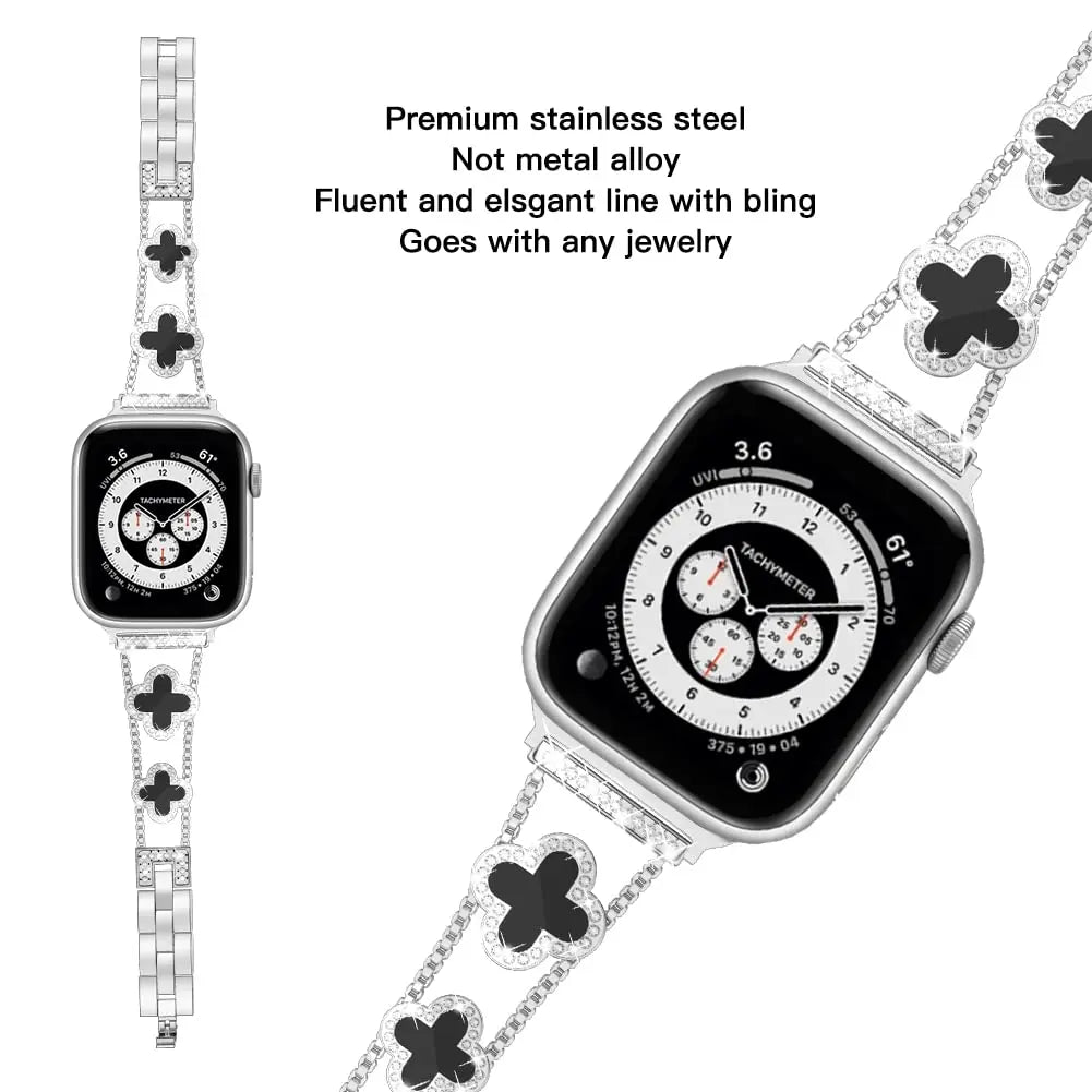 Luxury Metal Diamond Slim Glitter Apple Watch Band (Alhambra Style)